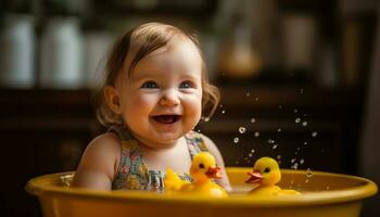 mignonne bébé souriant dans baignoire avec Jaune canard jouet en jouant généré par ai photo