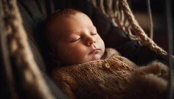 en train de dormir bébé garçon enveloppé dans doux couverture, paisible et innocent généré par ai photo