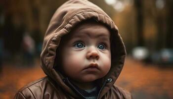 mignonne caucasien bambin garçon souriant dans l'automne la nature portrait généré par ai photo
