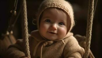 mignonne bébé garçon balançant en plein air, souriant et à la recherche à caméra généré par ai photo