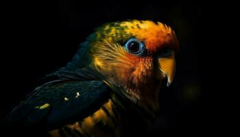 vibrant ara se percher sur bifurquer, plumes et le bec dans concentrer généré par ai photo