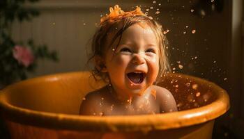mignonne caucasien bébé souriant tandis que profiter une espiègle bulle une baignoire généré par ai photo
