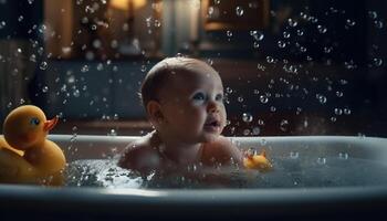 mignonne caucasien bambin profiter bulle une baignoire dans national salle de bains généré par ai photo