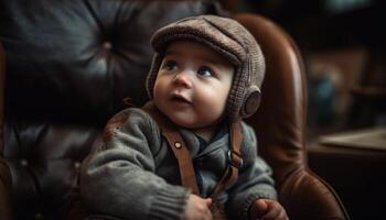 mignonne bébé garçon séance sur canapé, souriant pour portrait à l'intérieur généré par ai photo