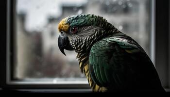 multi coloré oiseau de proie se percher sur bifurquer, à la recherche à caméra généré par ai photo