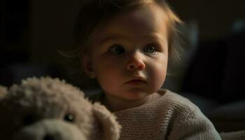 mignonne bébé fille en jouant avec nounours ours, souriant à caméra généré par ai photo