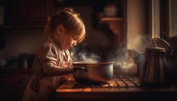 mignonne caucasien fille cuisine en bonne santé repas dans national cuisine Heureusement généré par ai photo