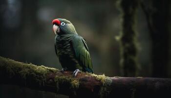 coloré ara se percher sur bifurquer, à la recherche à caméra dans forêt généré par ai photo