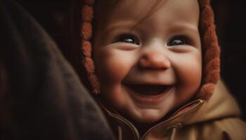 mignonne bambin souriant en plein air, profiter l'automne la nature avec famille généré par ai photo