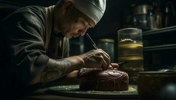 un homme fabrication Chocolat dessert, en portant travail outil à l'intérieur généré par ai photo