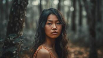 magnifique Jeune femme permanent dans l'automne forêt, exsudant confiance généré par ai photo