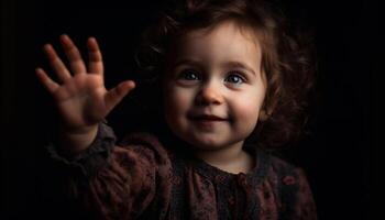 de bonne humeur bébé fille avec bleu yeux séance et souriant ludique à l'intérieur généré par ai photo