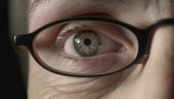 proche en haut portrait de caucasien adulte regarder par lunettes lentille généré par ai photo