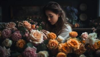 caucasien fleuriste souriant, en portant bouquet, entouré par la nature beauté à l'intérieur généré par ai photo