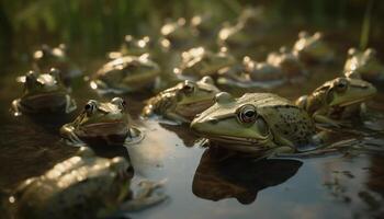 vert crapaud séance sur humide feuille, à la recherche à sous-marin réflexion généré par ai photo