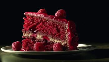 une gourmet dessert assiette avec Frais baie fruit et Chocolat généré par ai photo