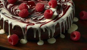 indulgent fait maison framboise cheesecake avec foncé Chocolat et fouetté crème généré par ai photo