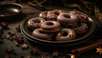 fait maison cuit Donut avec Chocolat glaçage sur rustique bois assiette généré par ai photo