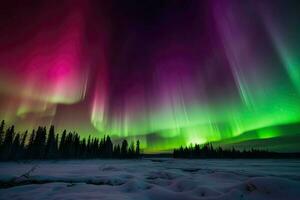 ai généré aurore borealis danses à travers le ciel dans une Stupéfiant afficher de couleur. photo