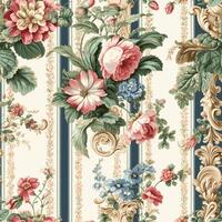 sans couture modèle avec fleurs, classique pays chalet style floral et rayures impression pour fond d'écran, en tissu et produit conception, génératif ai photo