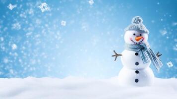 marrant bonhomme de neige sur Noël vacances hiver arrière-plan, joyeux Noël et content vacances vœux, génératif ai photo