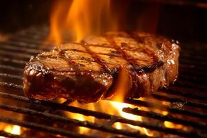 Viande du boeuf steak grillé sur feu, nourriture un barbecue et chaud gril, génératif ai photo