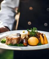 steak servi par une serveur à une luxe un événement en plein air, bien à manger, post-traité, génératif ai photo