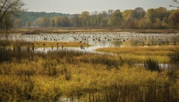 tranquille l'automne paysage forêt, étang, animaux, et Naturel beauté généré par ai photo
