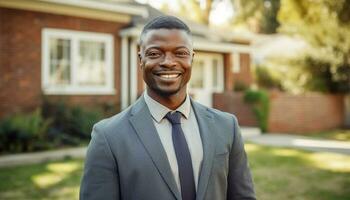 réussi africain homme d'affaire souriant en toute confiance à caméra généré par ai photo