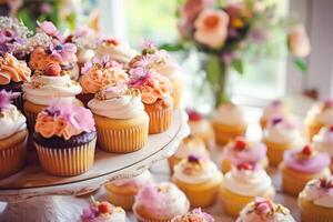 petits gâteaux, Gâteaux, scones et muffins et vacances décoration en plein air à le Anglais pays style jardin, sucré desserts pour mariage, anniversaire ou fête fête, génératif ai photo