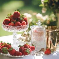 nourriture, fruit jardin et fraise récolte, Frais des fraises servi dans le campagne, génératif ai photo