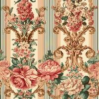 sans couture modèle avec fleurs, classique pays chalet style floral et rayures impression pour fond d'écran, en tissu et produit conception, génératif ai photo