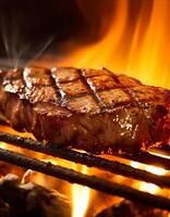 Viande du boeuf steak grillé sur feu, nourriture un barbecue et chaud gril, génératif ai photo