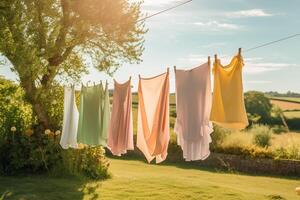 blanchisserie, Entretien ménager et le ménage, Frais nettoyer vêtements et lin séchage en plein air dans le jardin, pays chalet style, génératif ai photo