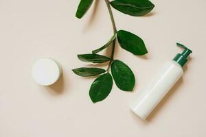 blanc cosmétique pot et une bouteille de crème avec une Haut vue de le feuilles de végétaux, une maquette de le produit conception. Naturel biologique produits de beauté photo