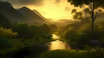 magnifique le coucher du soleil plus de le Montagne et rivière, tropical île, génératif ai art photo