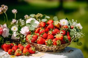 nourriture, fruit jardin et fraise récolte, Frais des fraises servi dans le campagne, génératif ai photo