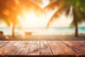 produit présentation dans la nature. brouiller tropical plage avec bokeh Soleil lumière vague sur vide vieux la nature bois table abstrait Contexte. génératif ai photo