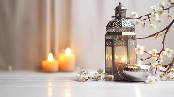 argent embrasé marocain lanterne avec blanc fleurs, prunus arbre fleurs sur le table Contexte. iftar dîner. Ramadan kareem salutation carte, invitation. aïd. génératif ai photo