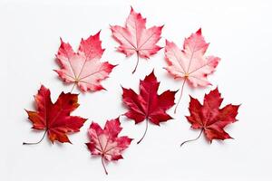 canadien drapeau rouge feuilles sur blanc Contexte. plat poser, Haut voir. copie espace. génératif ai photo