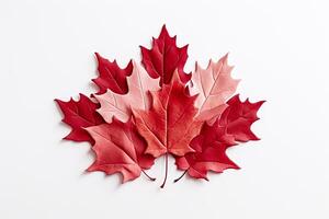 canadien drapeau rouge feuilles sur blanc Contexte. plat poser, Haut voir. copie espace. génératif ai photo