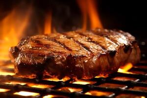 Viande du boeuf steak grillé sur feu, nourriture un barbecue et chaud gril, génératif ai photo