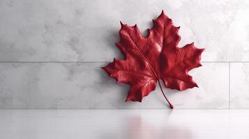 content Canada journée rouge soie érable feuille sur blanc texturé mur, copie espace. génératif ai photo
