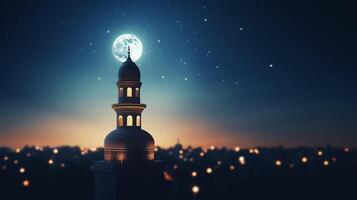 fermer mosquée minaret à le nuit avec paysage, plein lune dans le arrière-plan, fermer avec copie espace. génératif ai photo