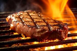 Viande du boeuf steak grillé sur feu, nourriture un barbecue et chaud gril, génératif ai photo