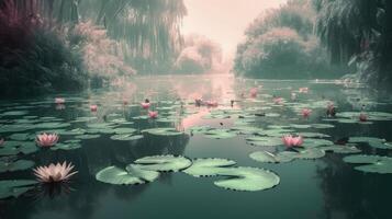 la magie brumeux Lac avec l'eau fleurs de lys, ai génératif photo