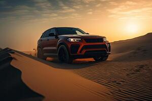 luxe voiture sur le sable dunes. génératif ai photo