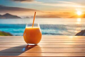 Orange jus sur une en bois table avec une vue de le plage et le soir ciel, génératif ai photo