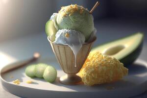 végétalien la glace crème dans Coupe. rafraîchissant du froid dessert de concombre et Avocat. nourriture illustration établi par génératif ai photo