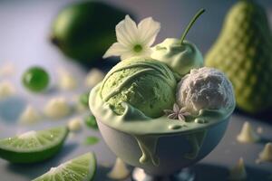 fruit vert végétalien la glace crème dans Coupe. rafraîchissant du froid dessert. nourriture illustration établi par génératif ai photo